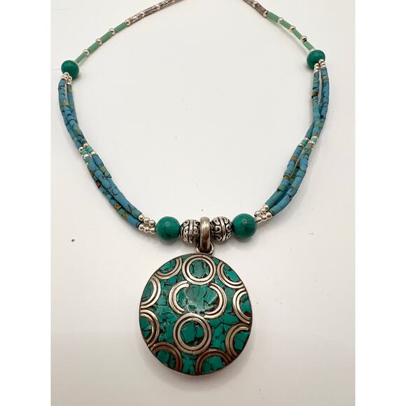 Boho Tibetan silver handmade necklace beaded with turquoise - Picture 1 of 6